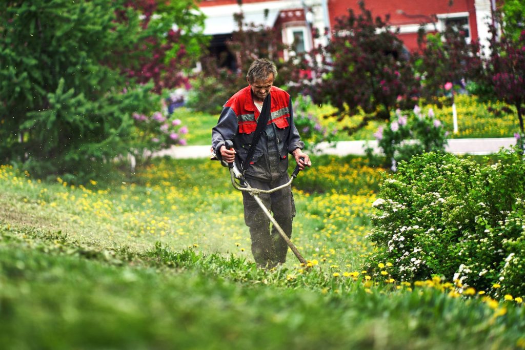 a man is mowing the grass in the yard